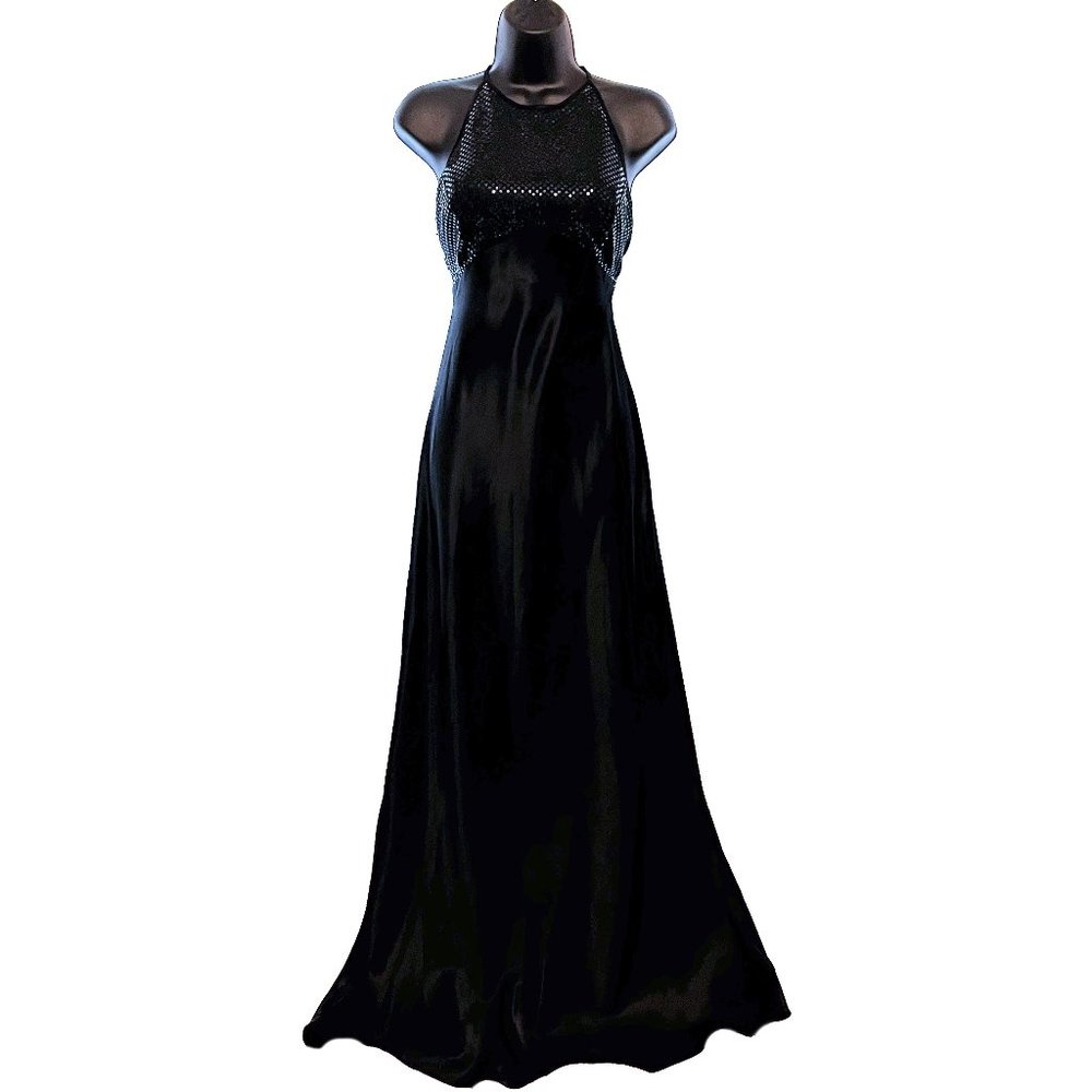 1990’s Evening Gown/Dress Maxi A-line Sequin Halter Top Empire Waist Tie Back
